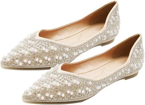 Women's Rhinestone Flats Fashion Pointed Toe Pearl Diamond Low Heel Dress Wedding Flats Work Business Casual Flats Shoes in Saudi Arabia