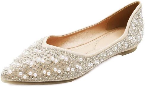 Women's Rhinestone Flats Fashion Pointed Toe Pearl Diamond Low Heel Dress Wedding Flats Work Business Casual Flats Shoes in Saudi Arabia