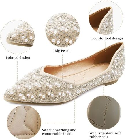 Women's Rhinestone Flats Fashion Pointed Toe Pearl Diamond Low Heel Dress Wedding Flats Work Business Casual Flats Shoes in Saudi Arabia
