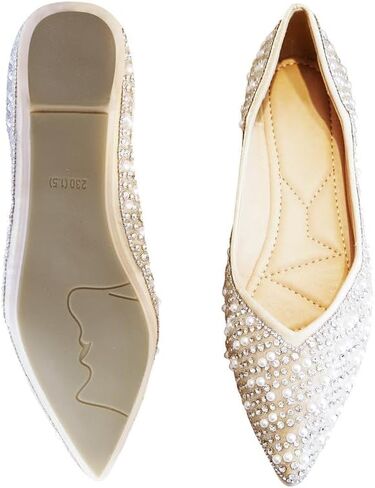 Women's Rhinestone Flats Fashion Pointed Toe Pearl Diamond Low Heel Dress Wedding Flats Work Business Casual Flats Shoes in Saudi Arabia