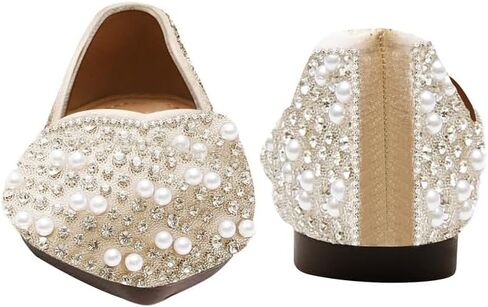 Women's Rhinestone Flats Fashion Pointed Toe Pearl Diamond Low Heel Dress Wedding Flats Work Business Casual Flats Shoes in Saudi Arabia