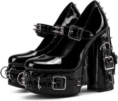 Frankie Hsu Women's Gothic Large Size Black Patent Leather Buckle Belt Ring Rivet Shinny Sexy Platform Chunky High Heels Ankle Strap Heeled Bootie Shoes in Kuwait