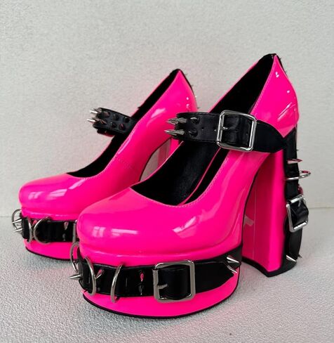 Frankie Hsu Women's Gothic Large Size Black Patent Leather Buckle Belt Ring Rivet Shinny Sexy Platform Chunky High Heels Ankle Strap Heeled Bootie Shoes in Saudi Arabia