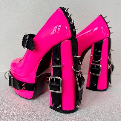 Frankie Hsu Women's Gothic Large Size Black Patent Leather Buckle Belt Ring Rivet Shinny Sexy Platform Chunky High Heels Ankle Strap Heeled Bootie Shoes in Saudi Arabia