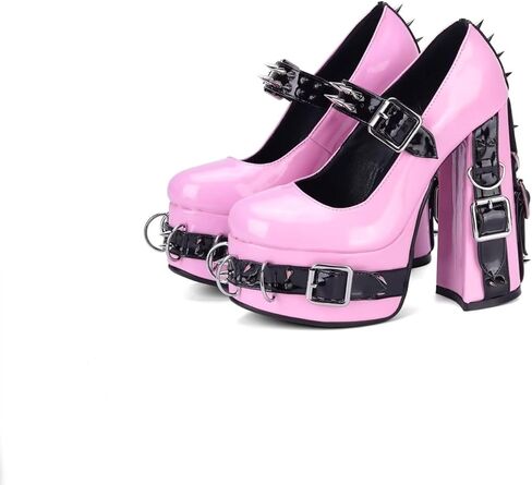 Frankie Hsu Women's Gothic Large Size Black Patent Leather Buckle Belt Ring Rivet Shinny Sexy Platform Chunky High Heels Ankle Strap Heeled Bootie Shoes in Saudi Arabia
