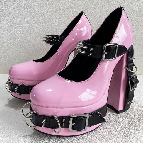 Frankie Hsu Women's Gothic Large Size Black Patent Leather Buckle Belt Ring Rivet Shinny Sexy Platform Chunky High Heels Ankle Strap Heeled Bootie Shoes in Saudi Arabia