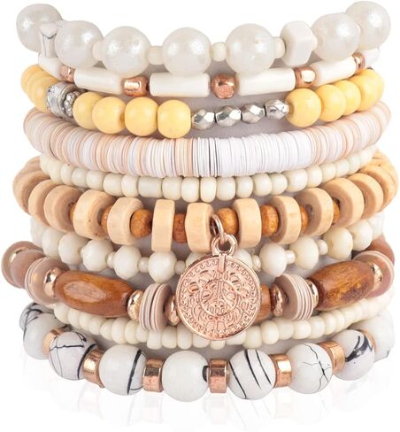 RIAH FASHION Multi Layer Versatile Statement Bracelets - Stackable Beaded Strand Stretch Bangles Sparkly Crystal, Wood Bead, Tassel Charm Pendant in Saudi Arabia