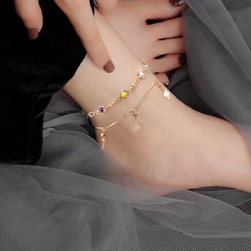 Esbbela Charm Bracelets for Women 14K Yellow Gold Ankle Bracelet Anklet Evil Eye Star Star Shell Beads Wrist Chain Adjustable 7-11 inches in Saudi Arabia