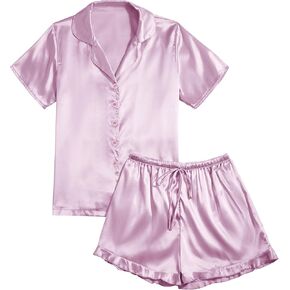 Vrtige Women's Satin Pajamas Set Short Sleeve Button Down Top With Shorts PJs Set Sleepwear