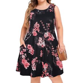 Plus Size Summer Dresses for Women Sleeveless Casual Pocket Beach Sundress | Two Hidden Pockets, Scoop Neck Plus Size Dress, Flowy Boho Sun Dress, Swing Floral Dress, Beach Cover Up for Vacation 2026 in Saudi Arabia