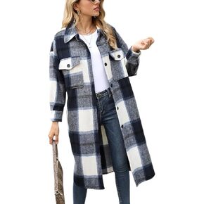 LianLive Womens Long Paid Shacket Wool Blend Button Down Flannel Shirt Jacket Coat in Kuwait