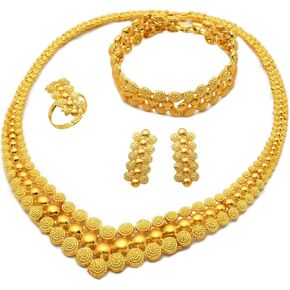 Indian Bollywood Women Jewelry Sets 24K Gold Plated Dubai Gold Necklace Earrings Bangle Fashion Wedding Prom Jewelry Set