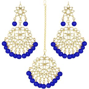 مجموعة أقراط من I Jewels Indian Bollywood مطلية بالذهب ومطرزة بتصميم عرقي أنيق للحفلات مع Maang Tikka للنساء (TE7058)