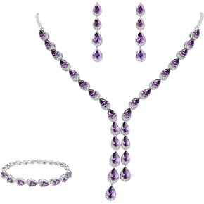 مجموعة مجوهرات الزفاف Crysdue Teardrop للعرائس ووصيفات العروس، مكعب زركونيا رائع على شكل حرف Y وقلادة وسوار متدلي مجموعة من الأقراط لحفلات الزفاف والحفلات الراقصة