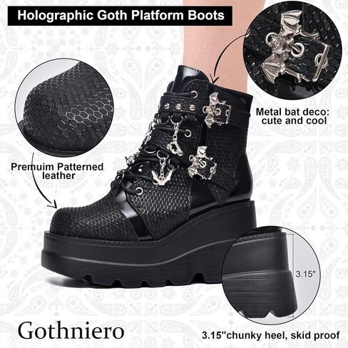 Gothniero منصة أحذية الكاحل القوطي للنساء الأسود الثلاثية الأبعاد القتالية أحذية كعب مكتنزة مع الرمز البريدي الجانبي الدانتيل يصل إسفين الجوارب US5.5-11 in Kuwait