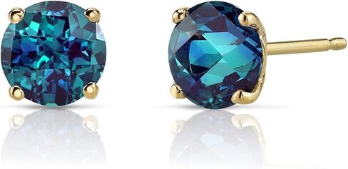 Peora 14K Yellow Gold Created Alexandrite Stud Earrings for Women, Color-Changing Round Shape, 6mm, 2 Carats total, Friction Back in Saudi Arabia