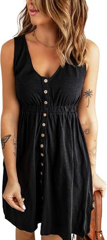 BLENCOT Women's Casual Sleeveless T-Shirt Dresses Summer V Neck Button Down Swing Short Dress in Saudi Arabia