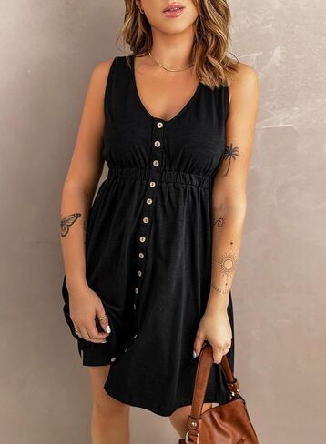 BLENCOT Women's Casual Sleeveless T-Shirt Dresses Summer V Neck Button Down Swing Short Dress in Saudi Arabia