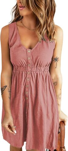 BLENCOT Women's Casual Sleeveless T-Shirt Dresses Summer V Neck Button Down Swing Short Dress in Saudi Arabia