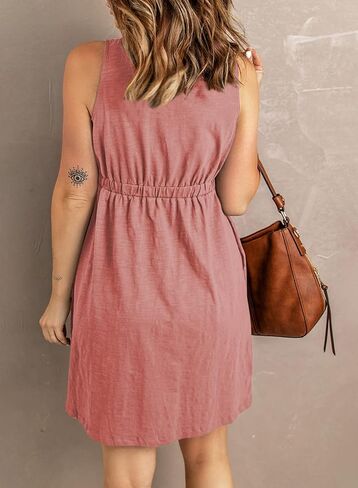 BLENCOT Women's Casual Sleeveless T-Shirt Dresses Summer V Neck Button Down Swing Short Dress in Saudi Arabia
