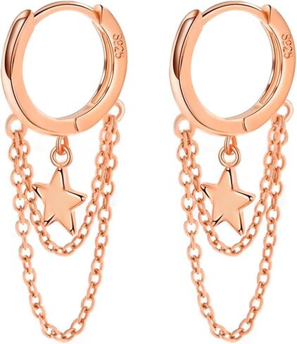 925 Sterling Silver Star Earrings Tassel Chain Drop Dangle Black Rose Gold Small Hoop Earrings Huggie for Women Teen Jewelry Gifts weinuo in Kuwait