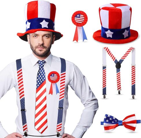 Geyoga 5 Pieces Halloween Uncle Costume Set USA Red White and Blue Top Hat, X Back Elastic Suspenders, Bow Tie, Necktie, Badge, Halloween Independence Day Party Costume Cosplay Patriotic Accessories in Saudi Arabia