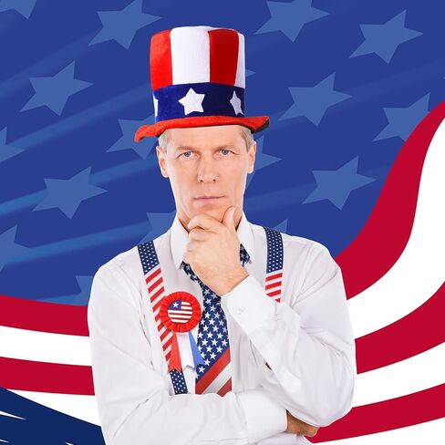 Geyoga 5 Pieces Halloween Uncle Costume Set USA Red White and Blue Top Hat, X Back Elastic Suspenders, Bow Tie, Necktie, Badge, Halloween Independence Day Party Costume Cosplay Patriotic Accessories in Saudi Arabia