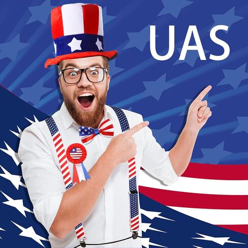Geyoga 5 Pieces Halloween Uncle Costume Set USA Red White and Blue Top Hat, X Back Elastic Suspenders, Bow Tie, Necktie, Badge, Halloween Independence Day Party Costume Cosplay Patriotic Accessories in Saudi Arabia