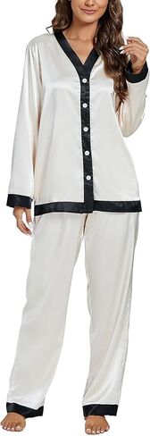 OPOIPIN Women's Satin Pajamas Set Long Sleeve V Neck Button Down Blouse and Long Pants Sleepwear Pj with Pockets in Saudi Arabia