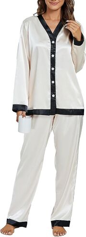 OPOIPIN Women's Satin Pajamas Set Long Sleeve V Neck Button Down Blouse and Long Pants Sleepwear Pj with Pockets in Saudi Arabia