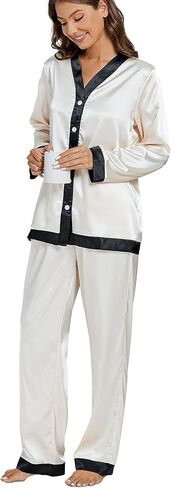 OPOIPIN Women's Satin Pajamas Set Long Sleeve V Neck Button Down Blouse and Long Pants Sleepwear Pj with Pockets in Saudi Arabia