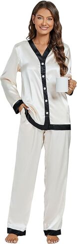 OPOIPIN Women's Satin Pajamas Set Long Sleeve V Neck Button Down Blouse and Long Pants Sleepwear Pj with Pockets in Saudi Arabia