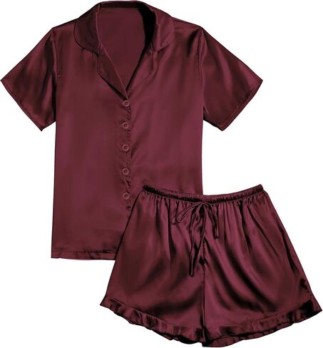 Vrtige Women's Satin Pajamas Set Short Sleeve Button Down Top With Shorts PJs Set Sleepwear in Kuwait