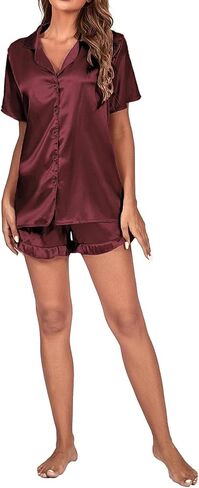 Vrtige Women's Satin Pajamas Set Short Sleeve Button Down Top With Shorts PJs Set Sleepwear in Kuwait