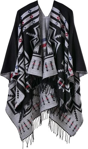 PAMEILA Women's Travel Plaid Shawl Wraps Open Front Poncho Cape Warm Oversized Sweaters Casual Cardigan Shawls for Fall Winter,Series 03-Geometry Black in Saudi Arabia