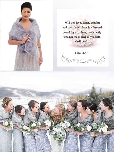Jovono Women's Wedding Fur Shawls and Wrap Bridal Fur Scarf stoles with Rhinestone Brooch for Bride and Bridesmaids (Gray) in Kuwait