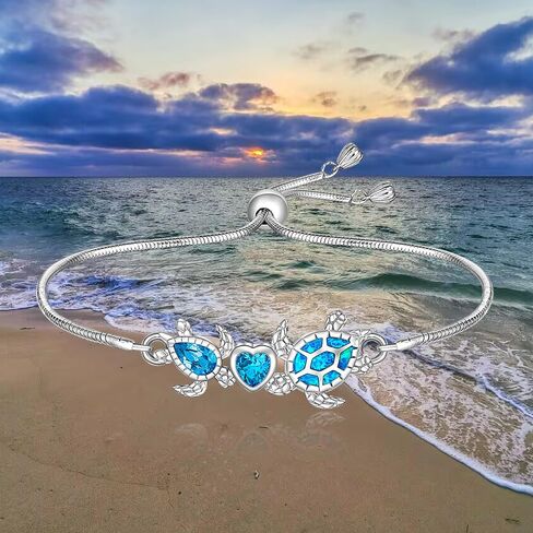 سوار سلحفاة للنساء من الفضة الاسترلينية بتصميم سلحفاة بحر اوبال ازرق قابل للتعديل، مجوهرات سلحفاة هاواي قابلة للتعديل، هدايا الكريسماس، فضة ستيرلينج، زركونيا مكعب, فضة استرلينية, مكعب زركونيا in Kuwait