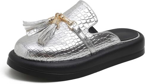 Dumalum البغال للنساء الشقق مغلقة جولة اصبع القدم الانزلاق على الصنادل مريحة المتسكعون الشرائح الأحذية مع سلسلة معدنية ديكور in Kuwait