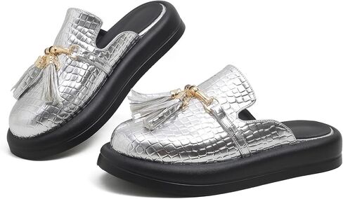 Dumalum البغال للنساء الشقق مغلقة جولة اصبع القدم الانزلاق على الصنادل مريحة المتسكعون الشرائح الأحذية مع سلسلة معدنية ديكور in Kuwait