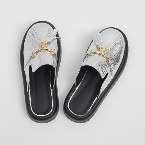 Dumalum البغال للنساء الشقق مغلقة جولة اصبع القدم الانزلاق على الصنادل مريحة المتسكعون الشرائح الأحذية مع سلسلة معدنية ديكور in Kuwait