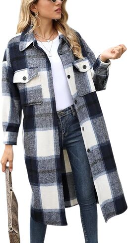 LianLive Womens Long Paid Shacket Wool Blend Button Down Flannel Shirt Jacket Coat in Kuwait