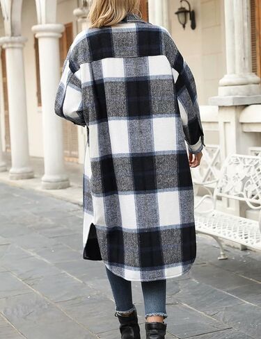 LianLive Womens Long Paid Shacket Wool Blend Button Down Flannel Shirt Jacket Coat in Kuwait