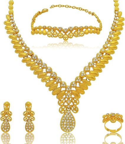 Indian Bollywood Women Jewelry Sets 24K Gold Plated Dubai Gold Necklace Earrings Bangle Fashion Wedding Prom Jewelry Set in Saudi Arabia
