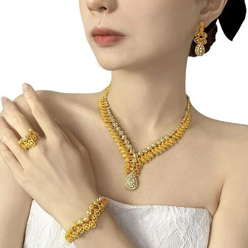 Indian Bollywood Women Jewelry Sets 24K Gold Plated Dubai Gold Necklace Earrings Bangle Fashion Wedding Prom Jewelry Set in Saudi Arabia