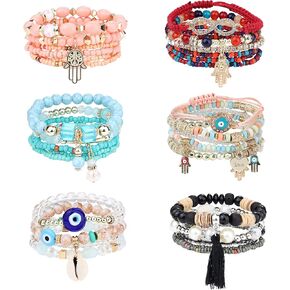 IRONBOX 6 مجموعات البوهيمي تكويم الخرزة الأساور للنساء متعدد الألوان تمتد حبة الأساور متعدد الطبقات بوهو سوار مجموعة in Kuwait