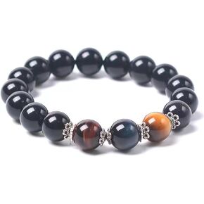 Black Obsidian Tiger Eye Triple Protection Bracelet - Protection - Bring Luck and Prosperity - Relieves Anxiety- Black Obsidian - Red Tiger Eye - Yellow Tiger Eye - Blue Tiger Eye - Crystal Stone Bead Stretch Bracelet Bangle for Women Men Couples