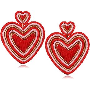 Heart Earrings for Women Hypoallergenic Beaded Statement Dangle Earrings Boho Handmade Red Love Heart Bead Drop Dangling Earrings Valentine’s Day Earrings Jewelry Gift in Kuwait
