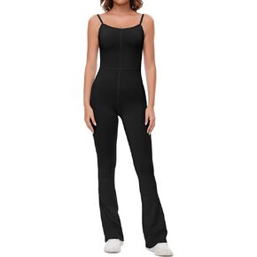 Narecte Flare Jumpsuits for Women Sexy Spaghetti Straps One Piece Bodycon Casual Unitard Bodysuit Summer Outfits