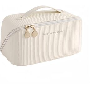 HMBMO Travel Makeup Bag Travel cosmetic bag Portable Makeup storage Bag Travel toiletry Bag Travel essentials Large capacity double zipper design stripe cosmetics case
