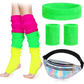 جيويو جوليري مجموعة اكسسوارات تنكرية مكونة من 6 قطع للنساء بنمط الثمانينيات والتسعينيات من النيون المضلعة لتدفئة الساق واساور معصم وشريط راس هولوغرافي لليوغا والجري والمشي لمسافات طويلة وحفلات ديسكو in Kuwait